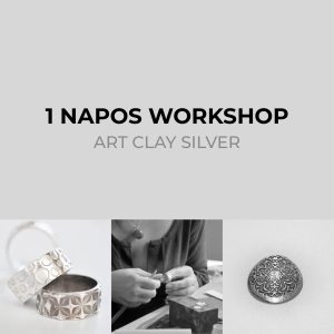 Art Clay Silver 1 napos workshop esemény képe munkafolyamatokkal és a workshopon készült ezüstékszerek fotóival: gyűrűk, medál