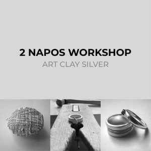Art Clay Silver 2 napos workshop esemény képe munkafolyamatokkal és a workshopon készült ezüstékszerek fotóival: modern gyűrűk, rácsos medál